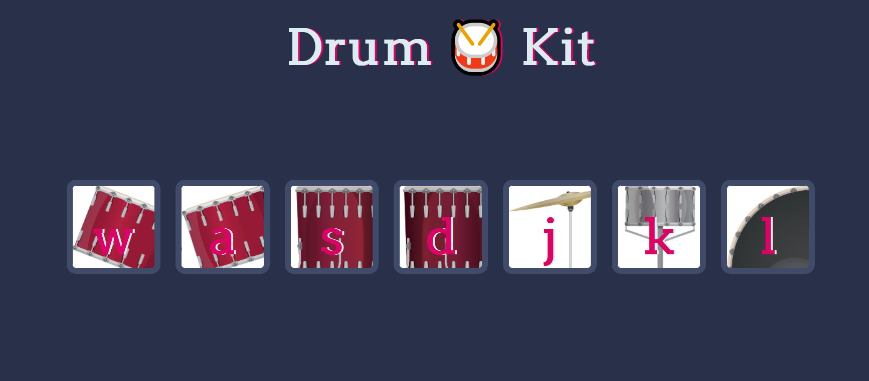 Title drum kit and a 8 buttons, one for each of the drum set pieces.