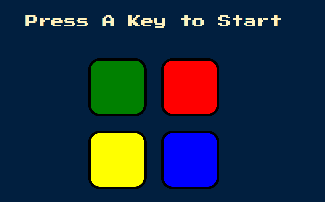 A webpage with title 'Press A to start' and 4 squares with primary colours as background.